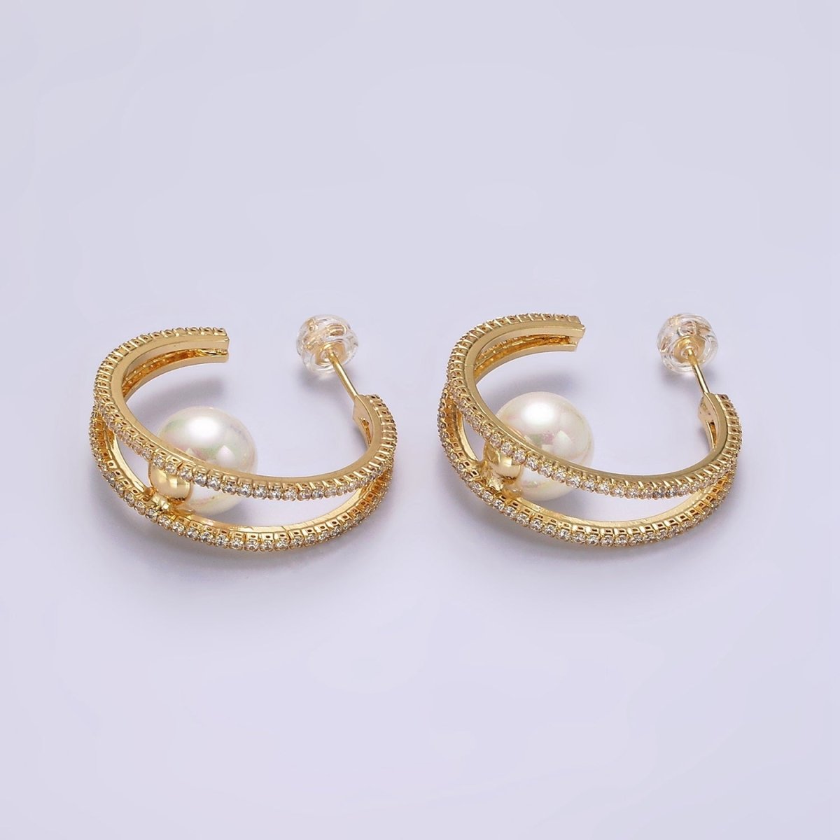 14K Gold plated 30mm Pearl Double CZ Lined C-Shaped Hoop Earrings in Silver & Gold | AE238 AE239