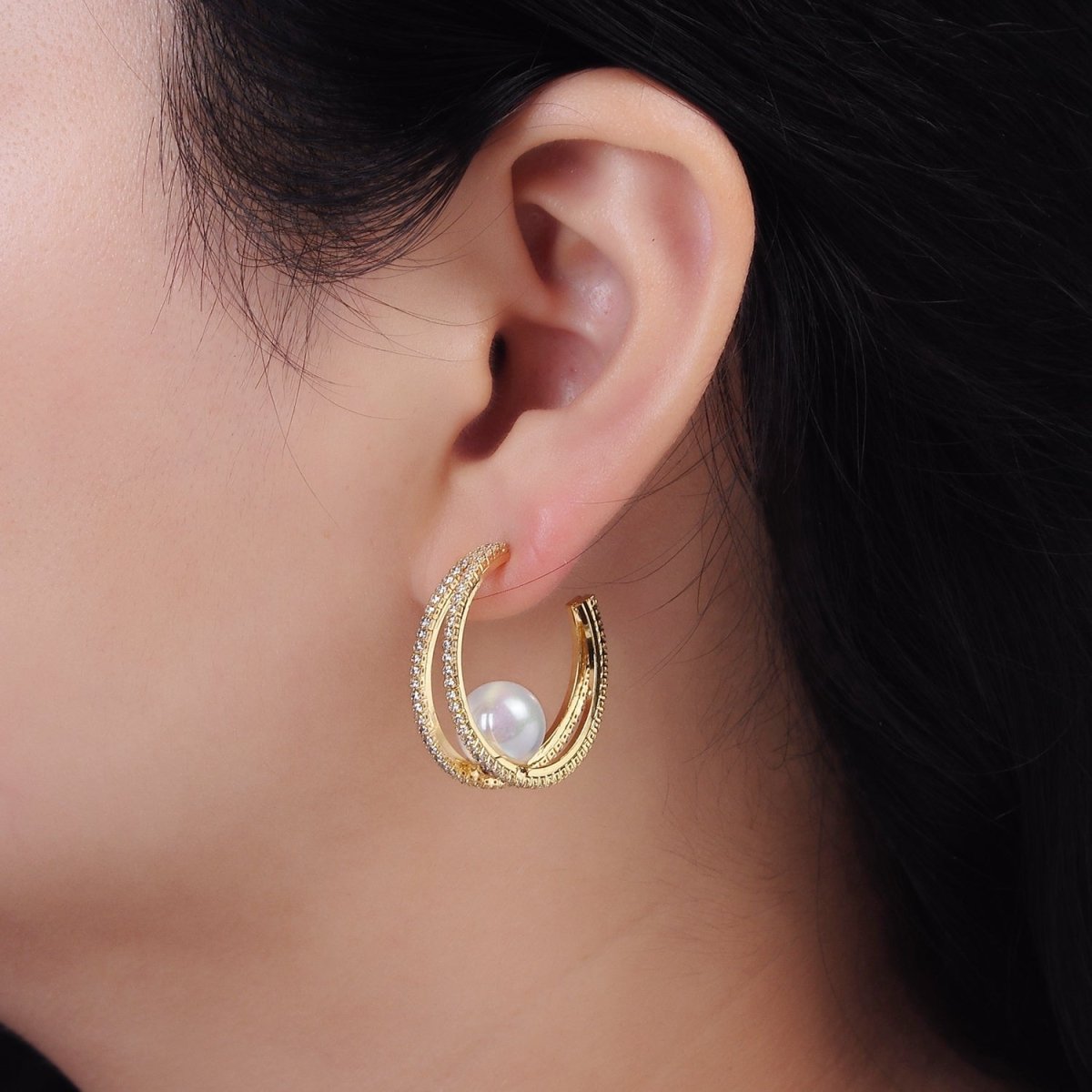 14K Gold plated 30mm Pearl Double CZ Lined C-Shaped Hoop Earrings in Silver & Gold | AE238 AE239
