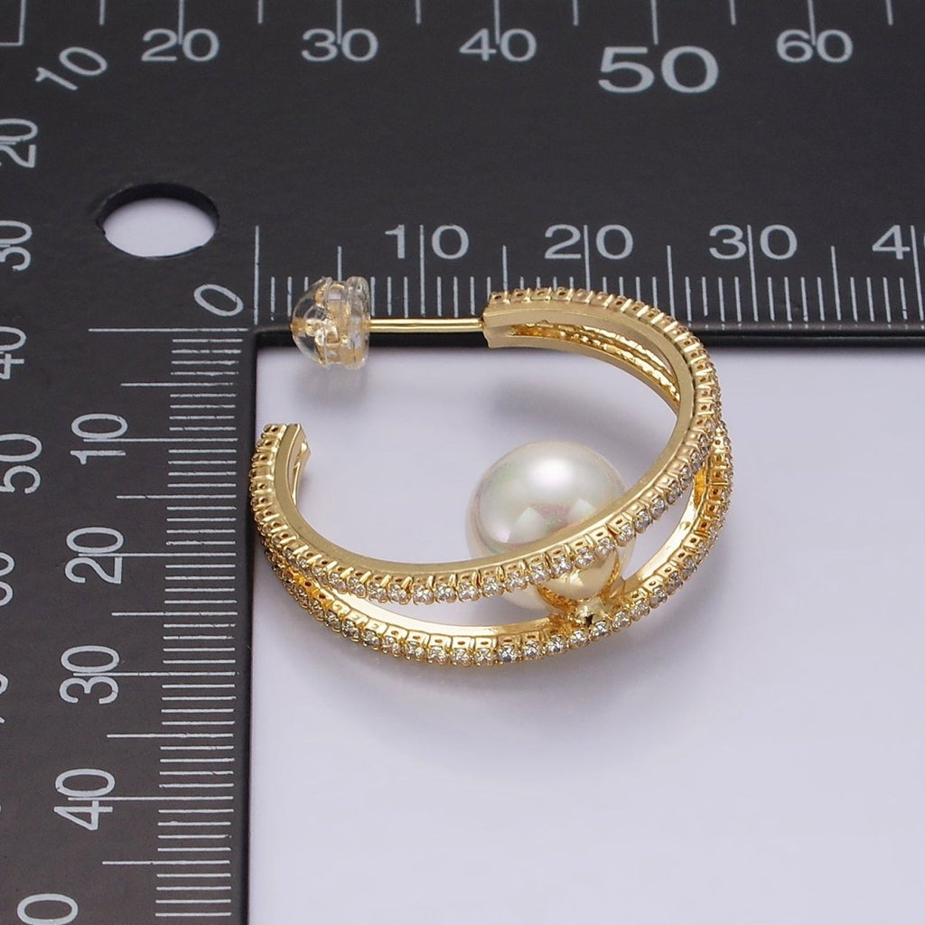 14K Gold plated 30mm Pearl Double CZ Lined C-Shaped Hoop Earrings in Silver & Gold | AE238 AE239