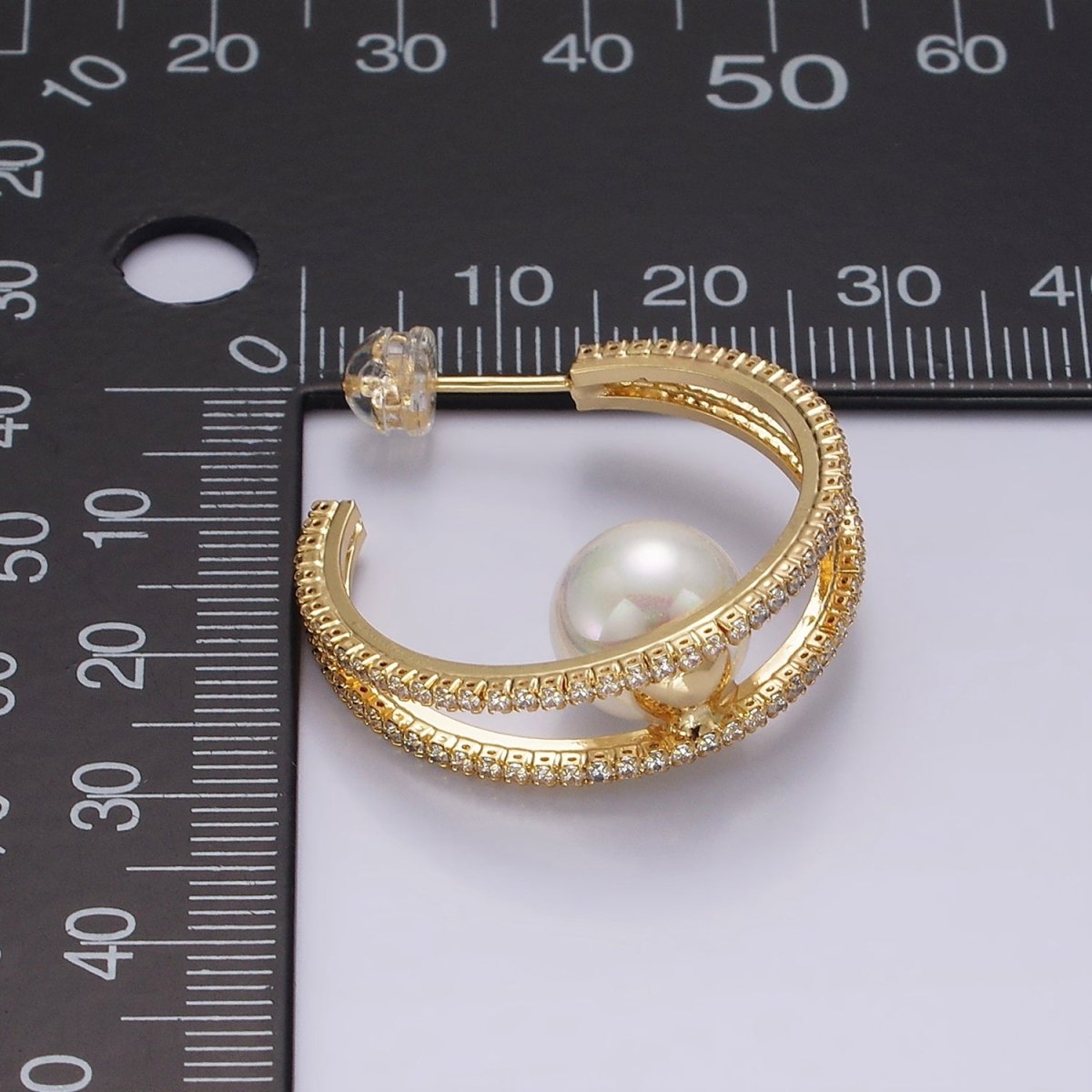 14K Gold plated 30mm Pearl Double CZ Lined C-Shaped Hoop Earrings in Silver & Gold | AE238 AE239