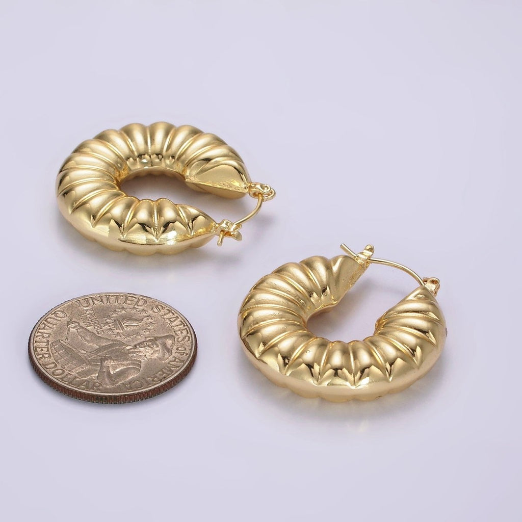 14K Gold plated 30mm Puffed Chubby Croissant Latch Hoop Earrings | AE381 - DLUXCA