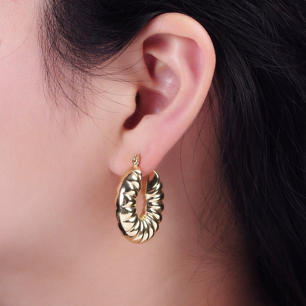 14K Gold plated 30mm Puffed Chubby Croissant Latch Hoop Earrings | AE381 - DLUXCA