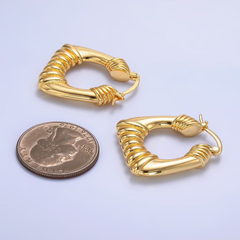 14K Gold plated 30mm Quilted Puffed Square Latch Hoop Earrings in Gold & Silver | AD487 AD488