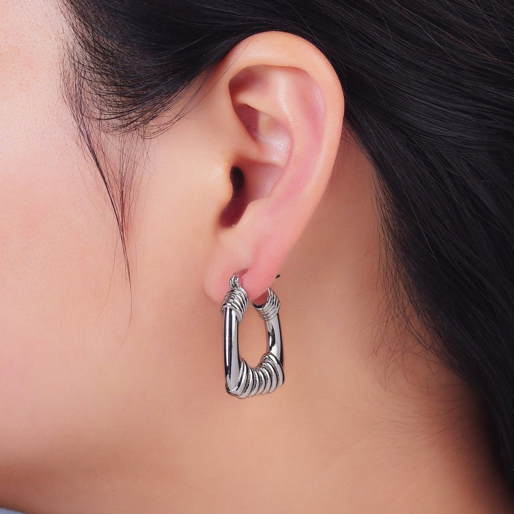 14K Gold plated 30mm Quilted Puffed Square Latch Hoop Earrings in Gold & Silver | AD487 AD488
