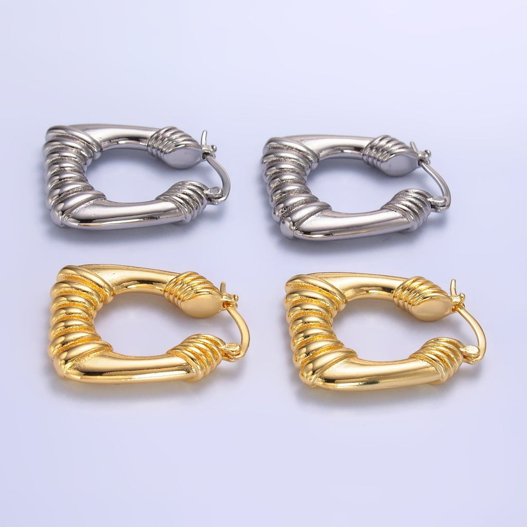 14K Gold plated 30mm Quilted Puffed Square Latch Hoop Earrings in Gold & Silver | AD487 AD488