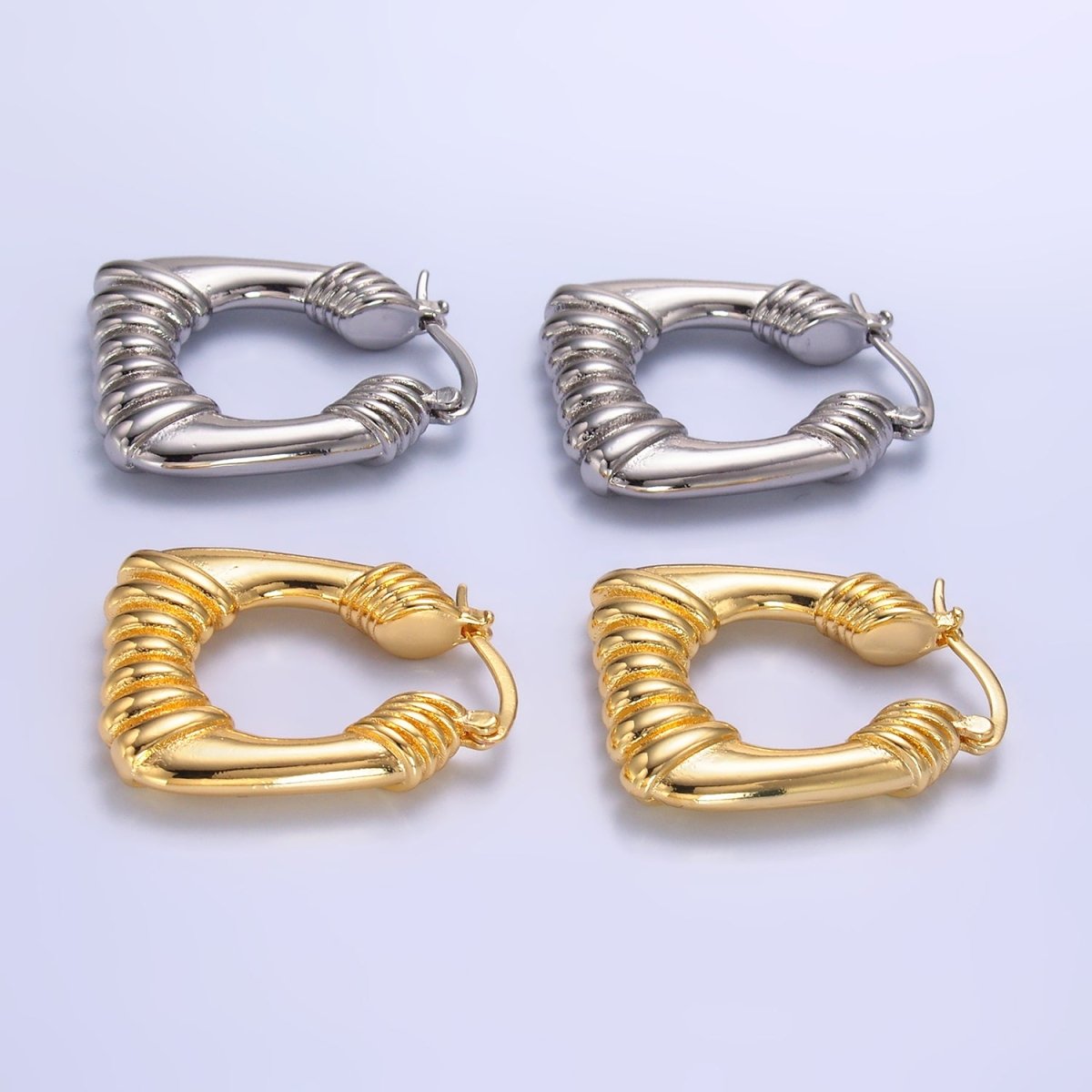 14K Gold plated 30mm Quilted Puffed Square Latch Hoop Earrings in Gold & Silver | AD487 AD488