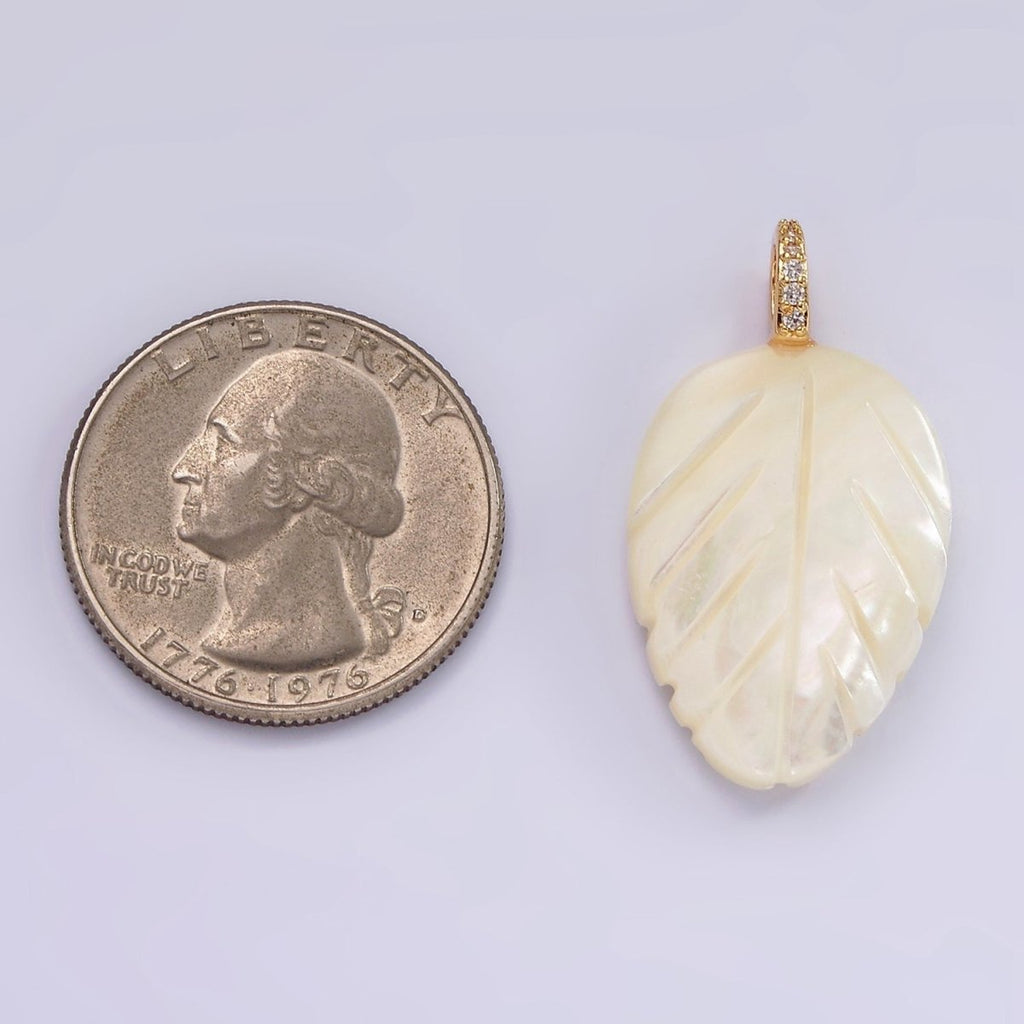 14K Gold plated 30mm Shell Pearl Leaf Nature Micro Paved CZ Bail Pendant | P1653 - DLUXCA
