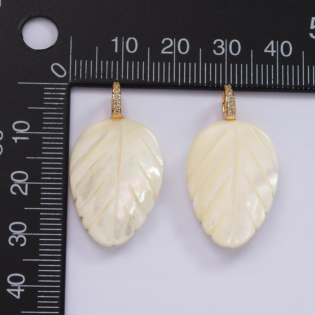 14K Gold plated 30mm Shell Pearl Leaf Nature Micro Paved CZ Bail Pendant | P1653 - DLUXCA