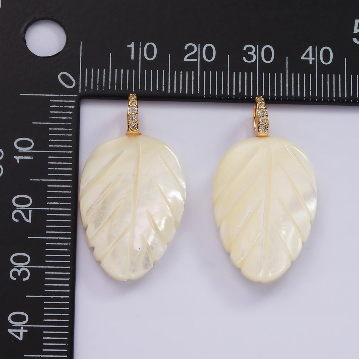 14K Gold plated 30mm Shell Pearl Leaf Nature Micro Paved CZ Bail Pendant | P1653 - DLUXCA