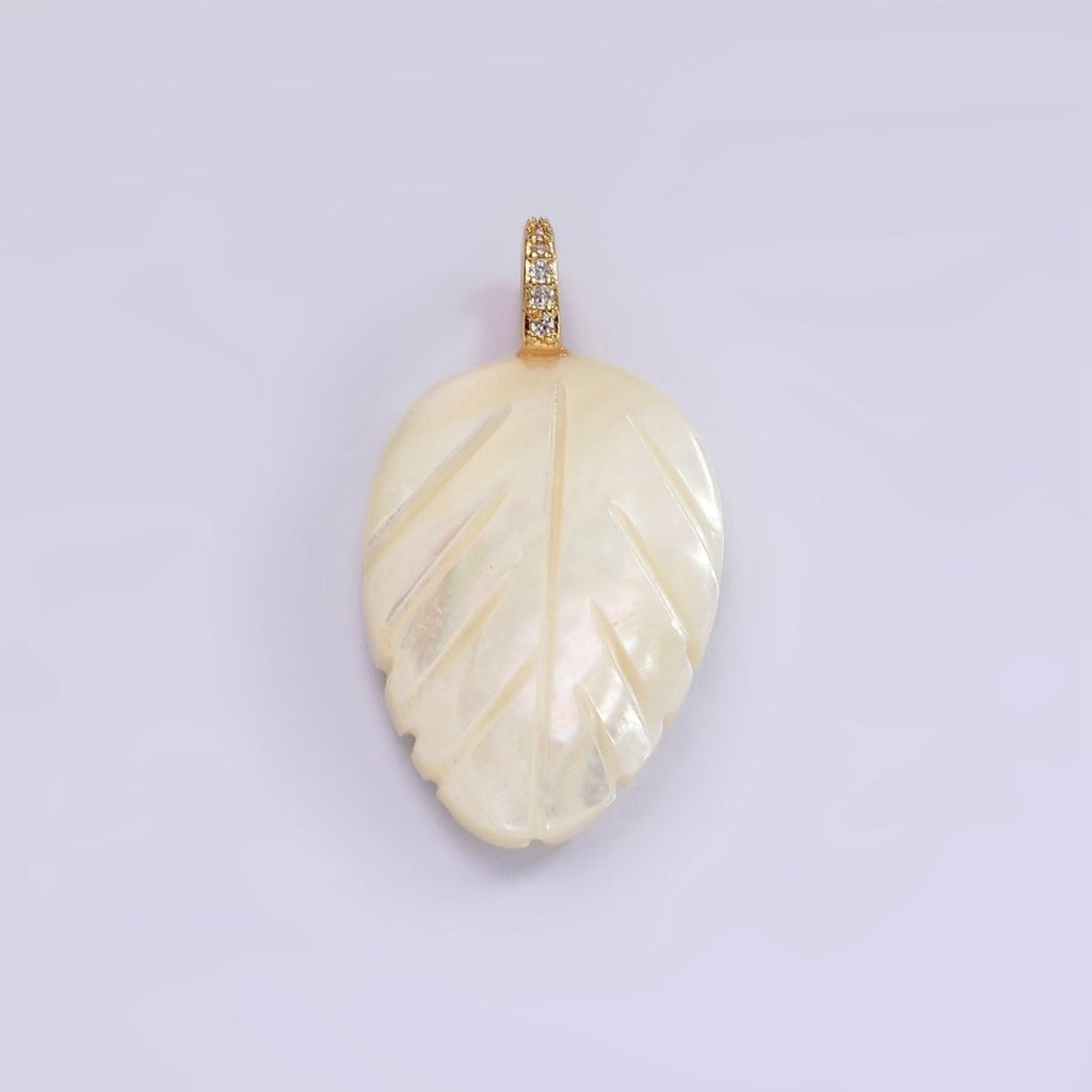 14K Gold plated 30mm Shell Pearl Leaf Nature Micro Paved CZ Bail Pendant | P1653 - DLUXCA