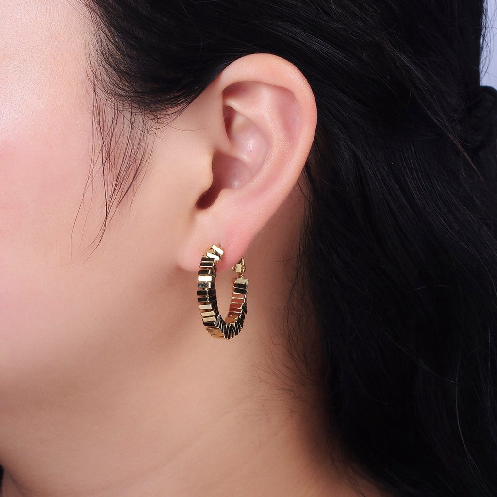 14K Gold plated 30mm Square Cube Bead Hinge Hoop Earrings in Gold & Silver | AE852 AE853