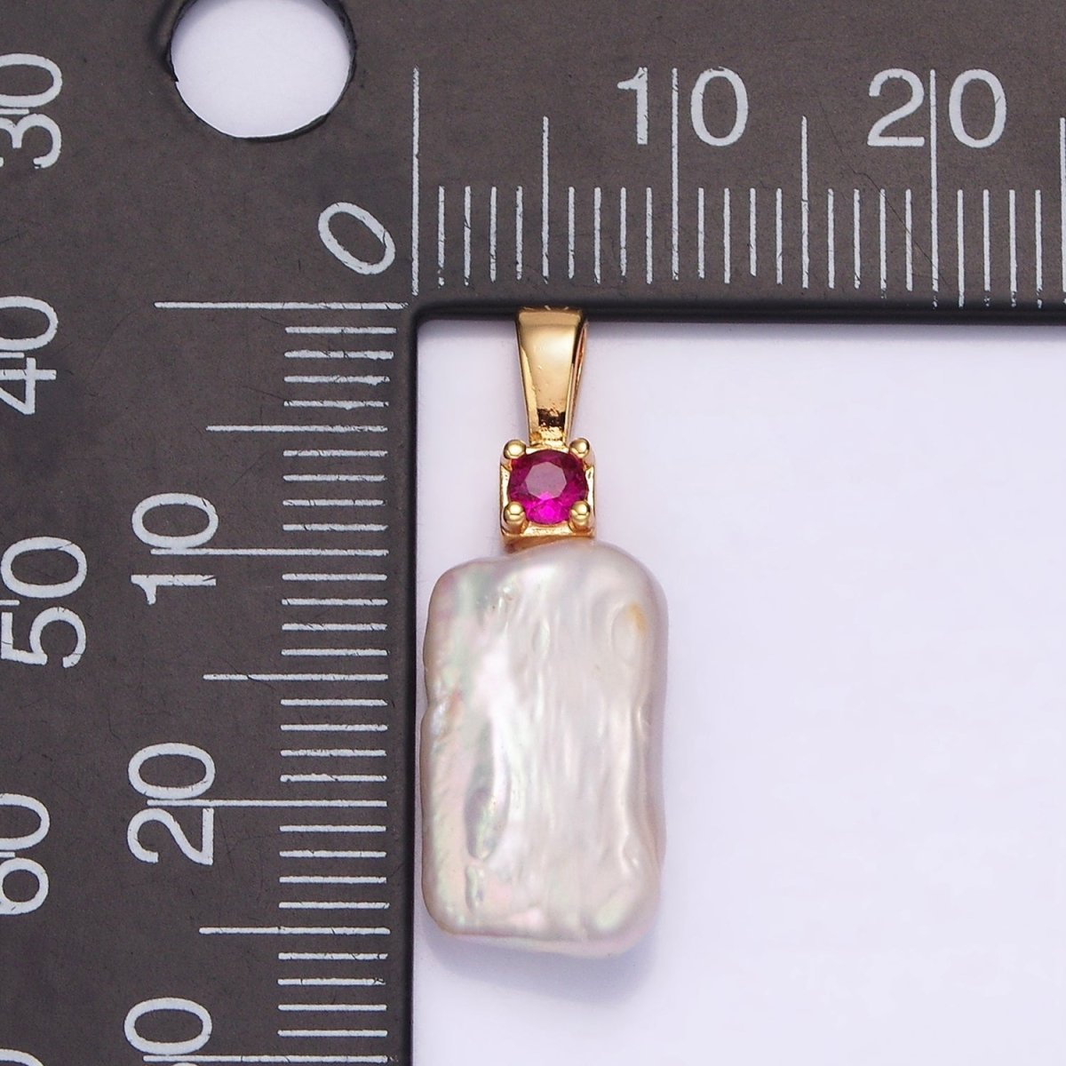 14K Gold plated 30mm White Rectangular Biwa Freshwater Pearl Green, Pink, Clear, Fuchsia CZ Pendant | P1622 - P1625 - DLUXCA