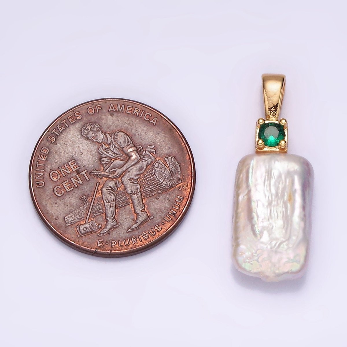 14K Gold plated 30mm White Rectangular Biwa Freshwater Pearl Green, Pink, Clear, Fuchsia CZ Pendant | P1622 - P1625 - DLUXCA