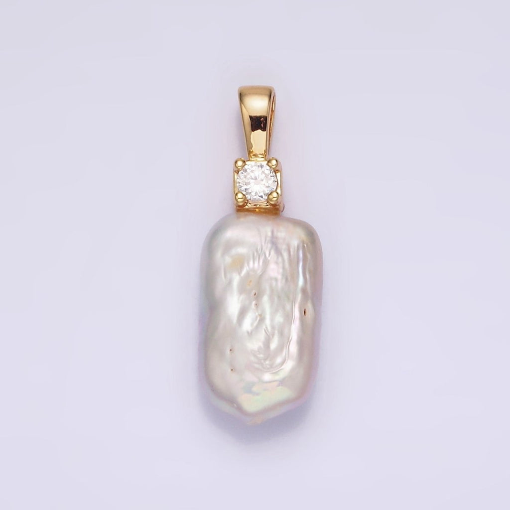 14K Gold plated 30mm White Rectangular Biwa Freshwater Pearl Green, Pink, Clear, Fuchsia CZ Pendant | P1622 - P1625 - DLUXCA