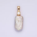 14K Gold plated 30mm White Rectangular Biwa Freshwater Pearl Green, Pink, Clear, Fuchsia CZ Pendant | P1622 - P1625 - DLUXCA