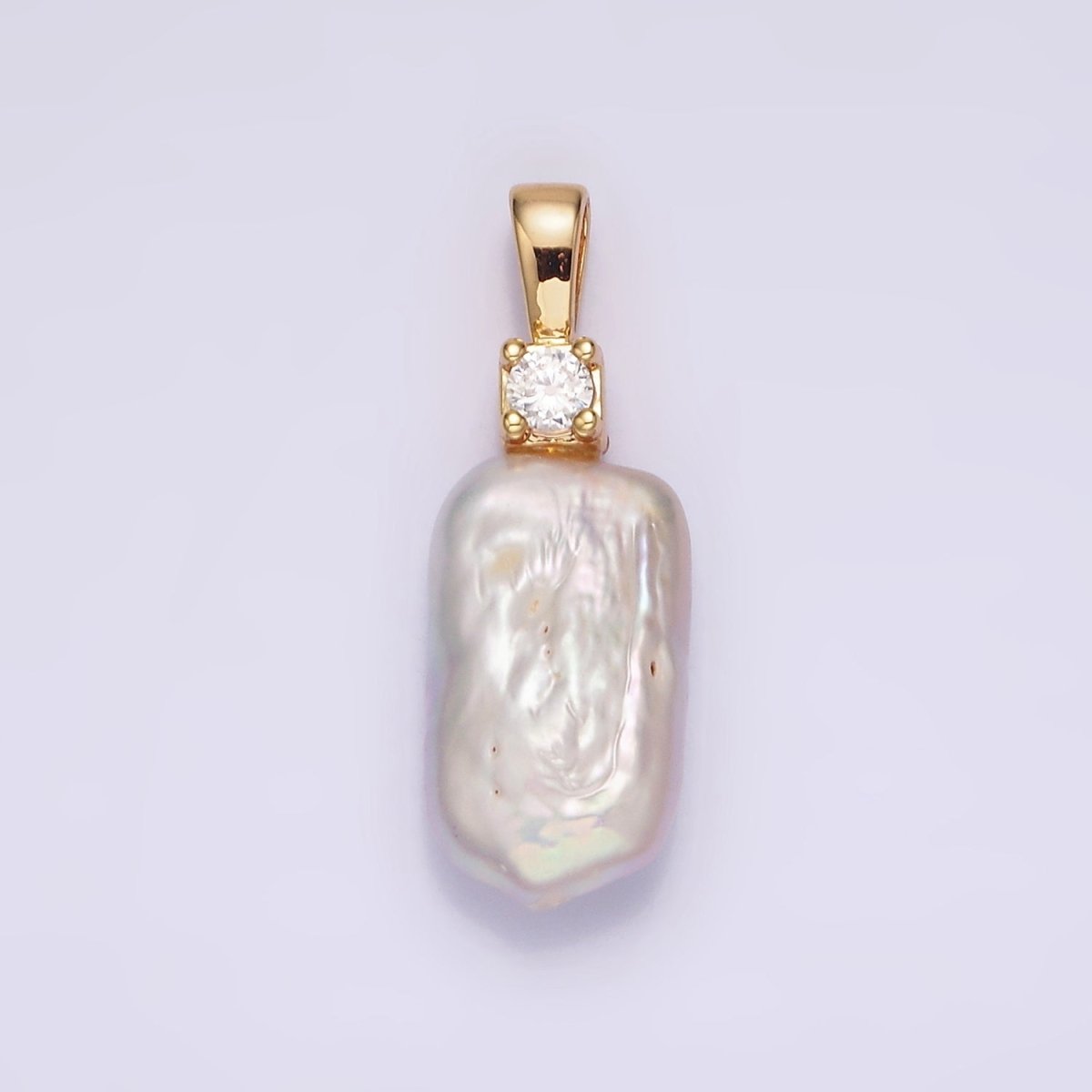 14K Gold plated 30mm White Rectangular Biwa Freshwater Pearl Green, Pink, Clear, Fuchsia CZ Pendant | P1622 - P1625 - DLUXCA