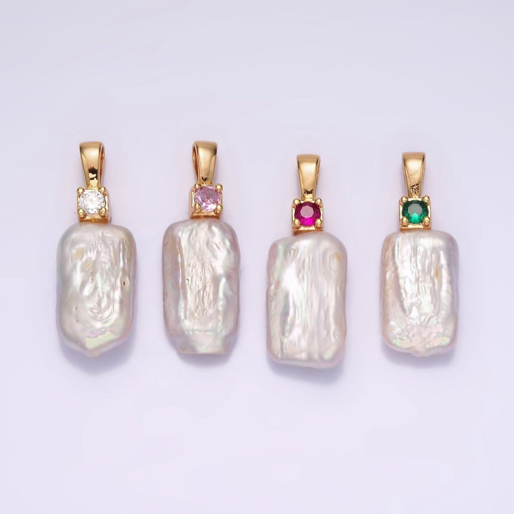14K Gold plated 30mm White Rectangular Biwa Freshwater Pearl Green, Pink, Clear, Fuchsia CZ Pendant | P1622 - P1625 - DLUXCA