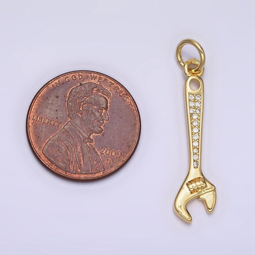 14K Gold plated 32mm Clear Micro Paved CZ Torque Wrench Construction Tool Charm | N1100 - DLUXCA