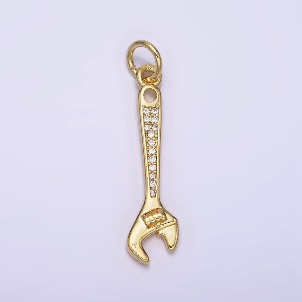 14K Gold plated 32mm Clear Micro Paved CZ Torque Wrench Construction Tool Charm | N1100 - DLUXCA