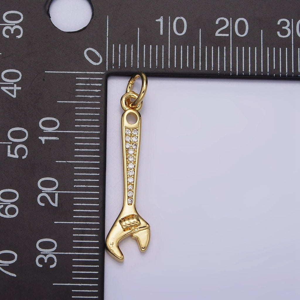 14K Gold plated 32mm Clear Micro Paved CZ Torque Wrench Construction Tool Charm | N1100 - DLUXCA