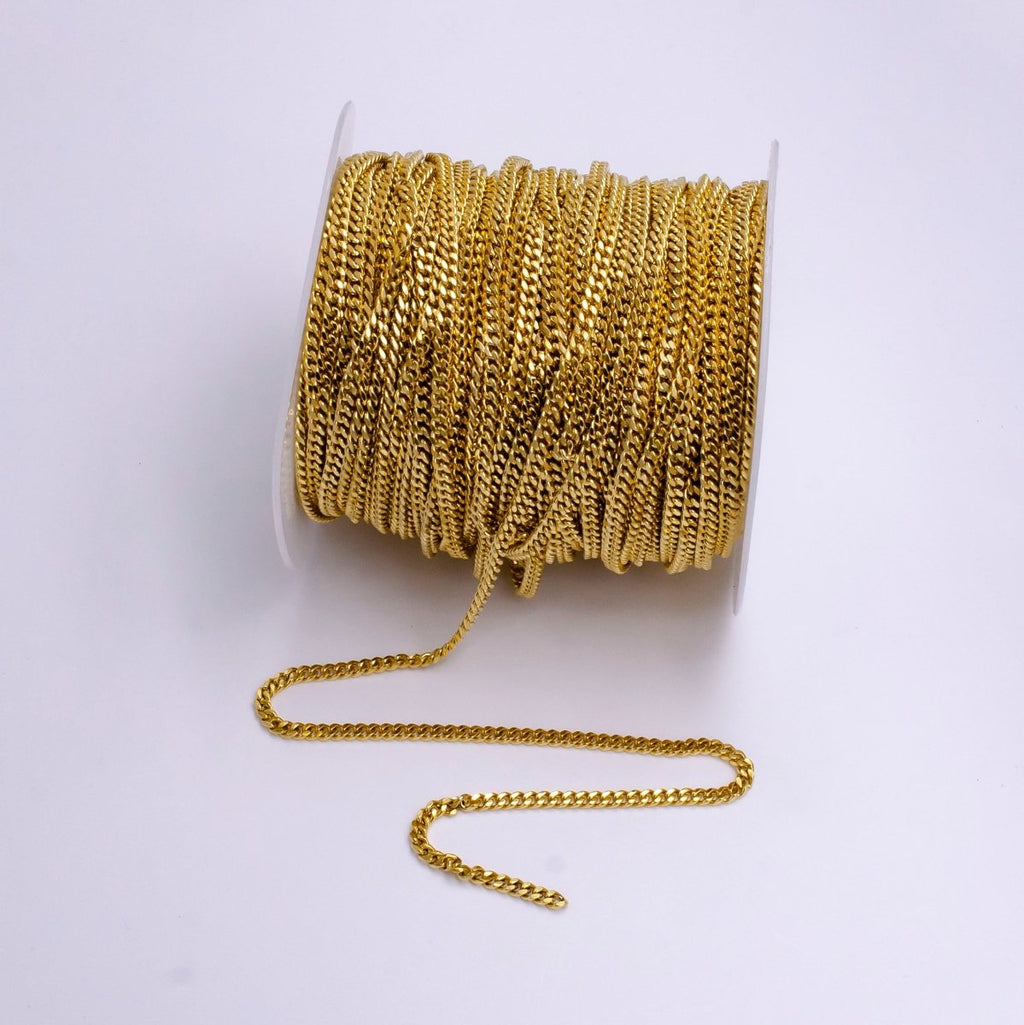 14K Gold plated 3.2mm Flat Concave Curb Unfinished Chain For Jewelry Making | ROLL-1416 Clearance Pricing - DLUXCA