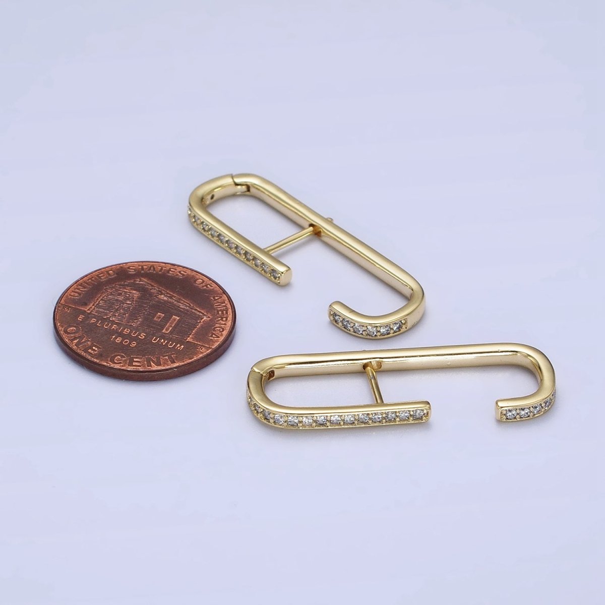 14K Gold plated 32mm Micro Paved CZ Geometric C-Shaped English Lock Earrings | AB253 - DLUXCA