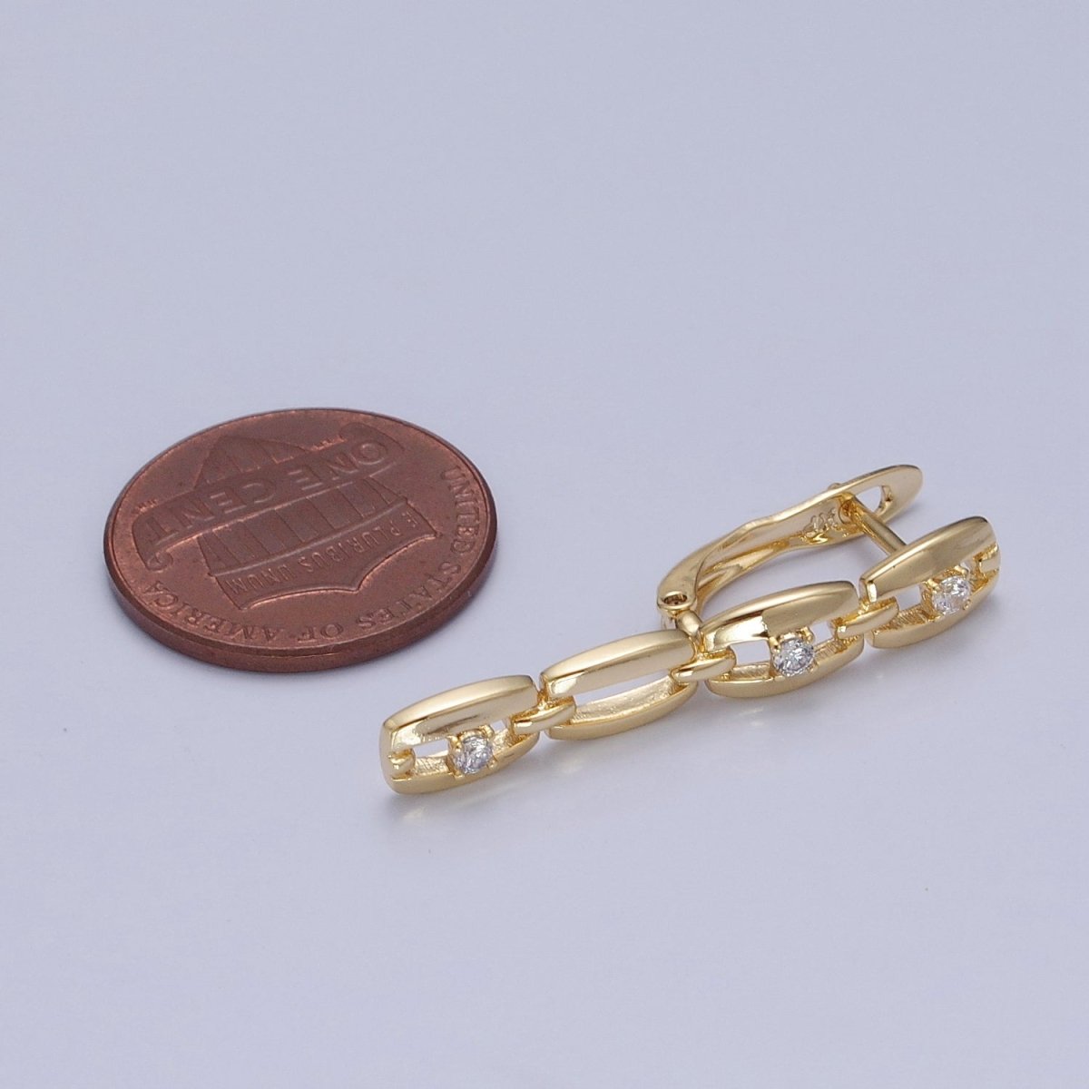 14K Gold plated 32x12mm Cable Anchor Chain Link Cubic Zirconia CZ with English Lock Hoop Earrings P-299 - DLUXCA