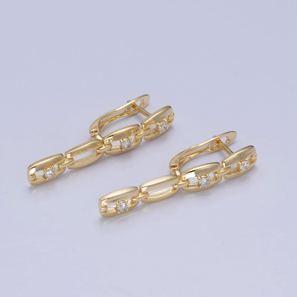 14K Gold plated 32x12mm Cable Anchor Chain Link Cubic Zirconia CZ with English Lock Hoop Earrings P-299 - DLUXCA
