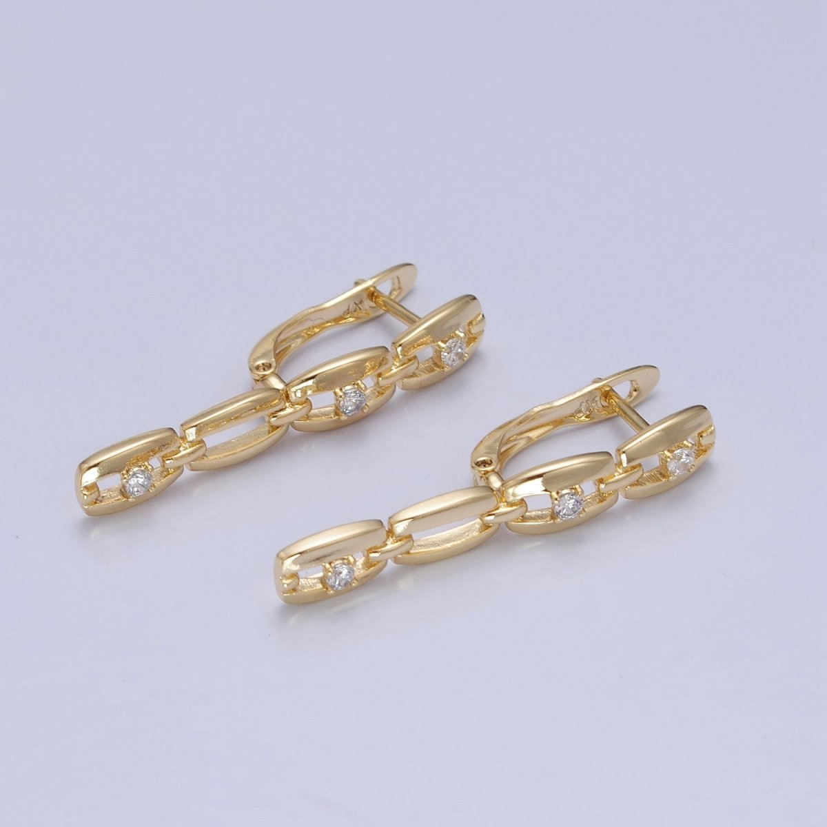 14K Gold plated 32x12mm Cable Anchor Chain Link Cubic Zirconia CZ with English Lock Hoop Earrings P-299 - DLUXCA