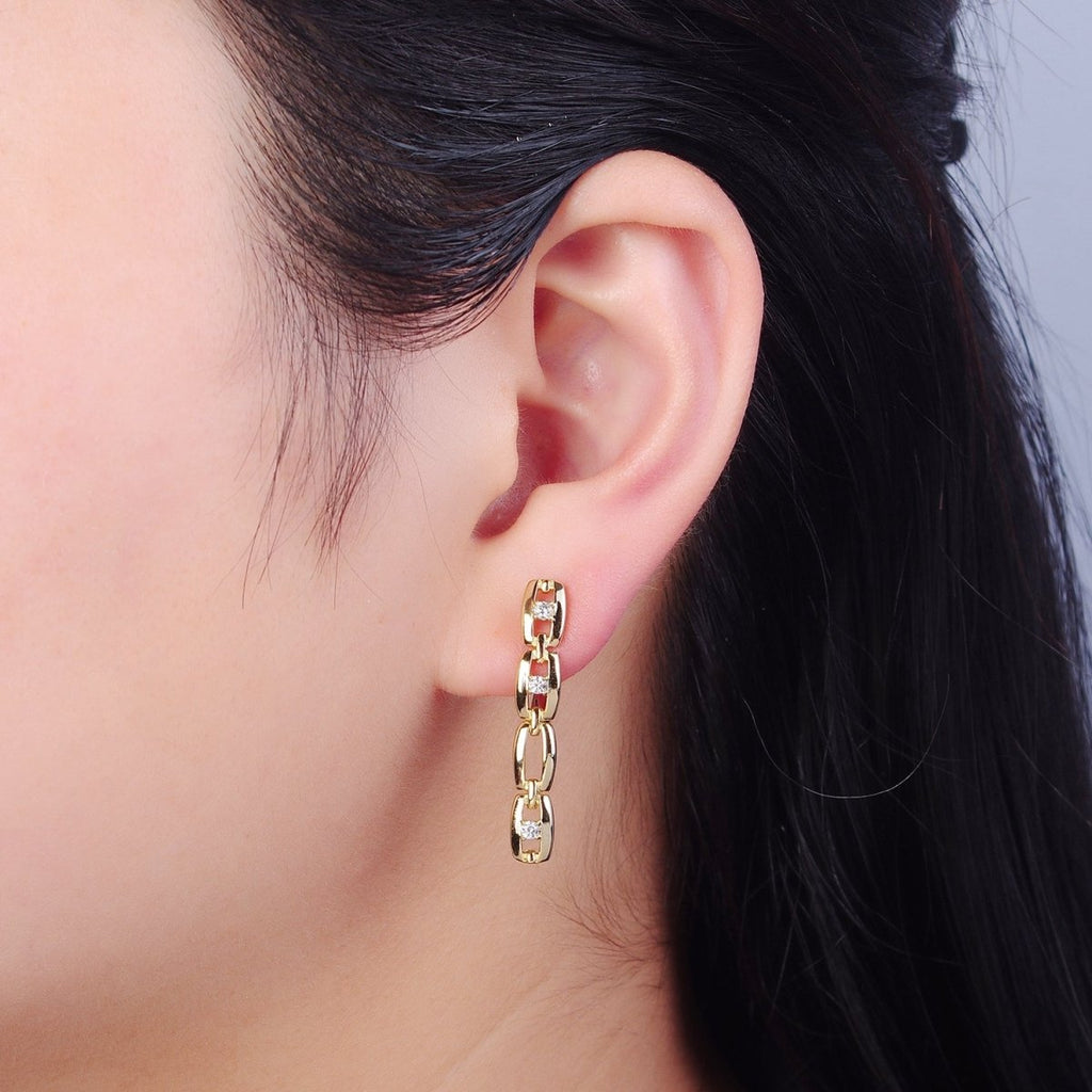 14K Gold plated 32x12mm Cable Anchor Chain Link Cubic Zirconia CZ with English Lock Hoop Earrings P-299 - DLUXCA