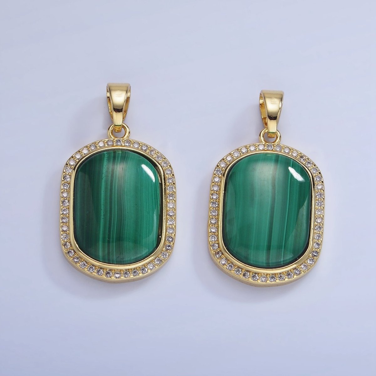 14K Gold plated 33mm Malachite Oblong Micro Paved Bezel Pendant | AA1235 - DLUXCA