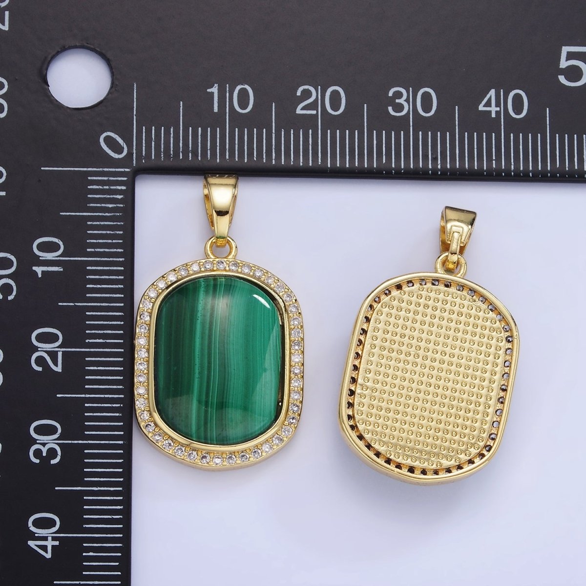 14K Gold plated 33mm Malachite Oblong Micro Paved Bezel Pendant | AA1235 - DLUXCA