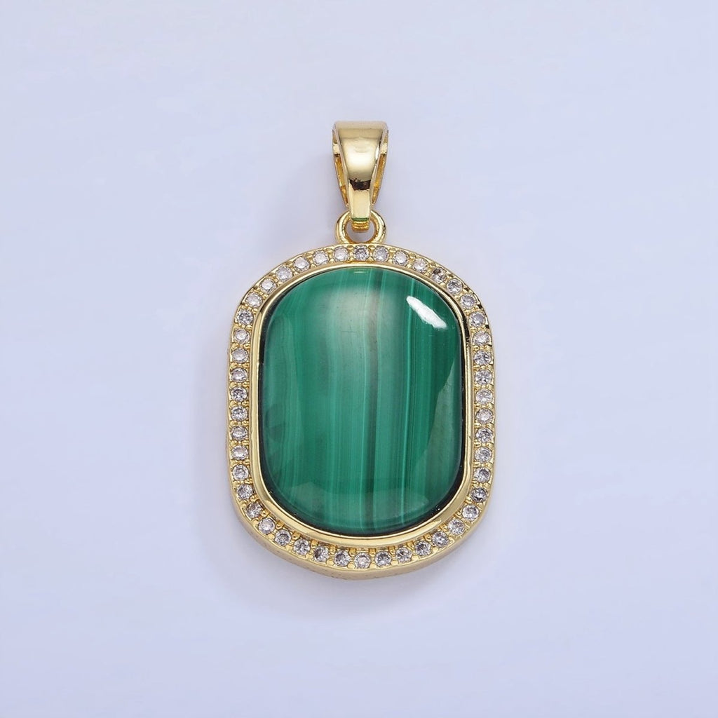 14K Gold plated 33mm Malachite Oblong Micro Paved Bezel Pendant | AA1235 - DLUXCA