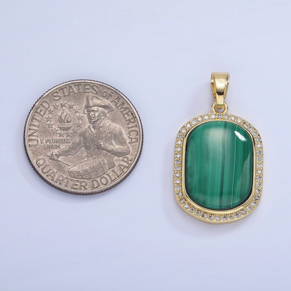14K Gold plated 33mm Malachite Oblong Micro Paved Bezel Pendant | AA1235 - DLUXCA