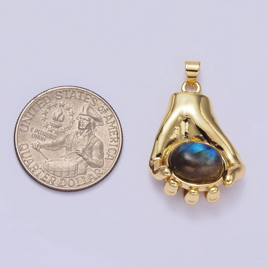 14K Gold plated 34mm Hand-Held Labradorite Cabochon Pendant | AA682 - DLUXCA