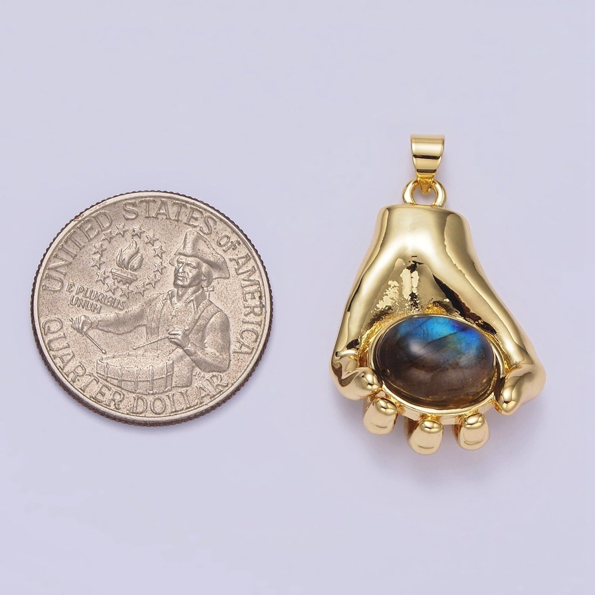 14K Gold plated 34mm Hand-Held Labradorite Cabochon Pendant | AA682 - DLUXCA