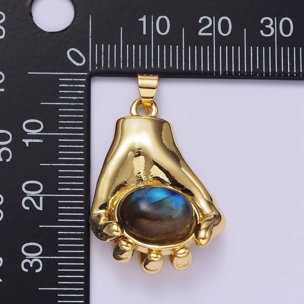 14K Gold plated 34mm Hand-Held Labradorite Cabochon Pendant | AA682 - DLUXCA