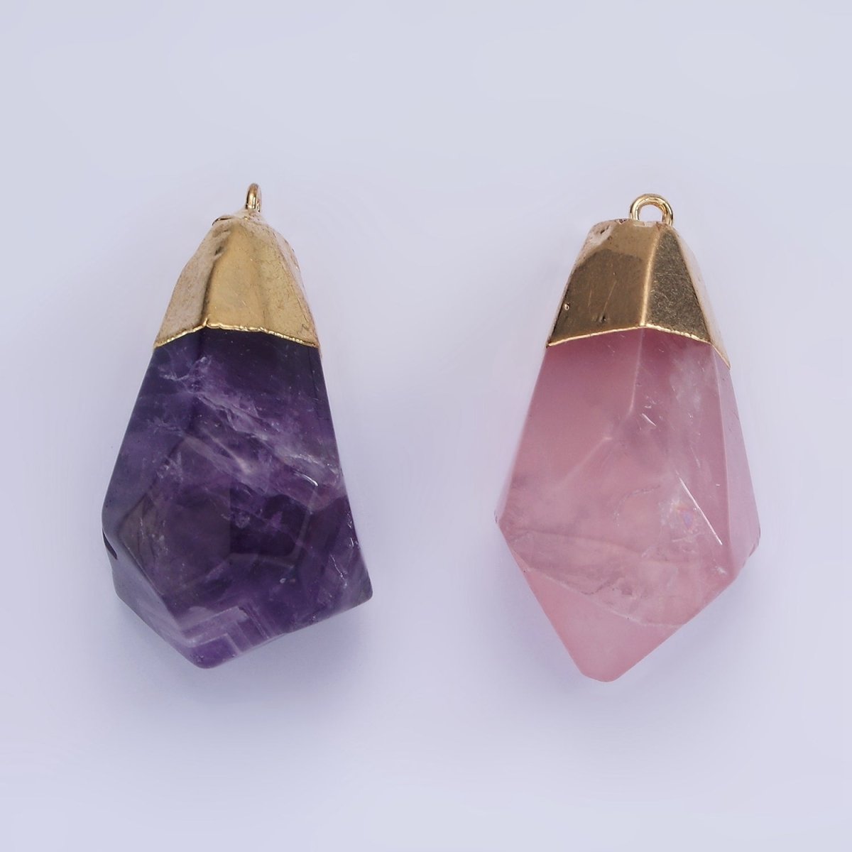 14K Gold plated 35.5mm Rose Quartz, Amethyst Abstract Multifaceted Point Foiled Charm | N1653 N1654