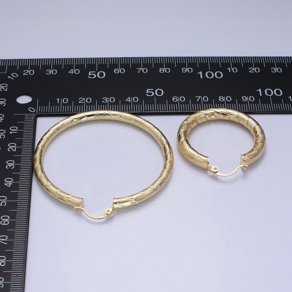 14K Gold plated 35mm, 45mm, 55mm Cloudy Curved-Line Textured French Lock Latch Hoop Earrings | AE014 - AE016