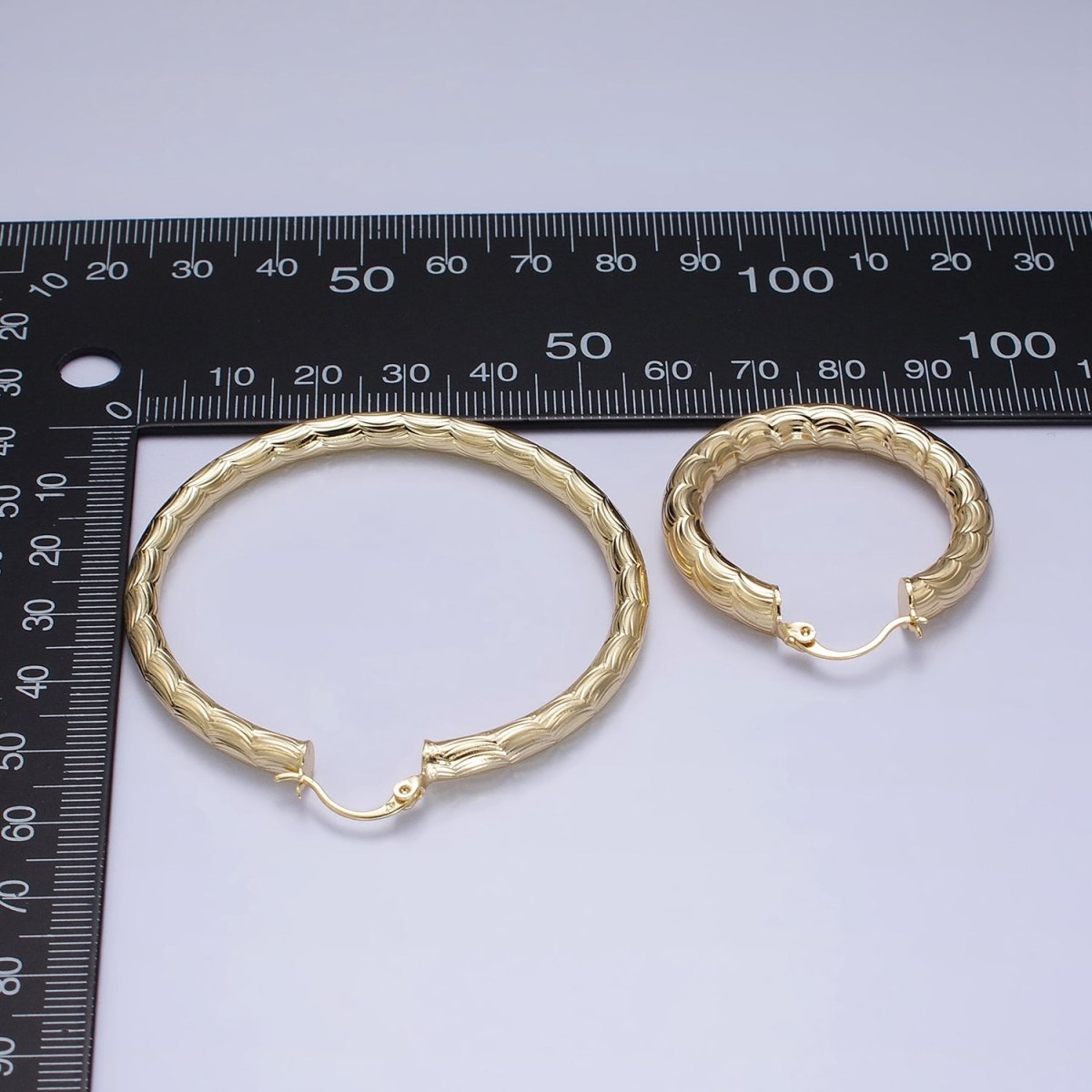 14K Gold plated 35mm, 45mm, 55mm Cloudy Curved-Line Textured French Lock Latch Hoop Earrings | AE014 - AE016