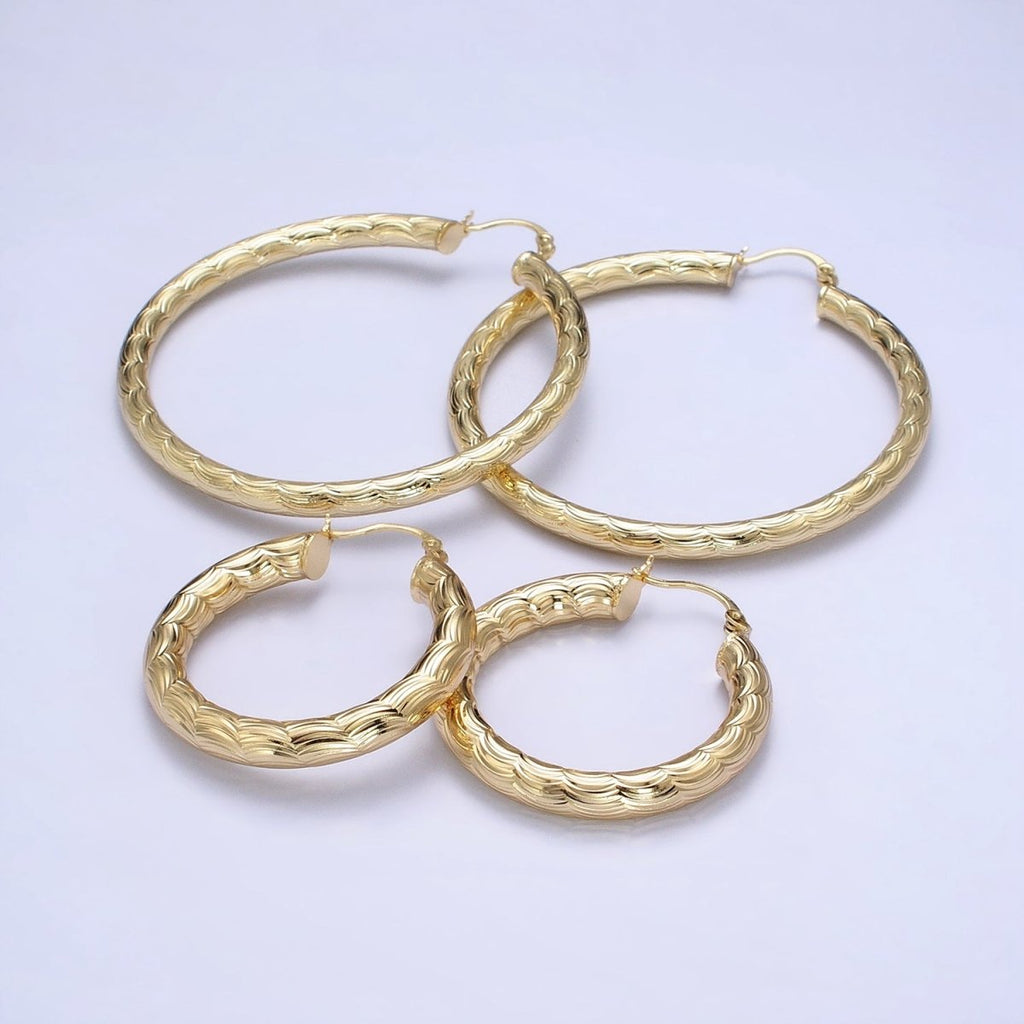 14K Gold plated 35mm, 45mm, 55mm Cloudy Curved-Line Textured French Lock Latch Hoop Earrings | AE014 - AE016