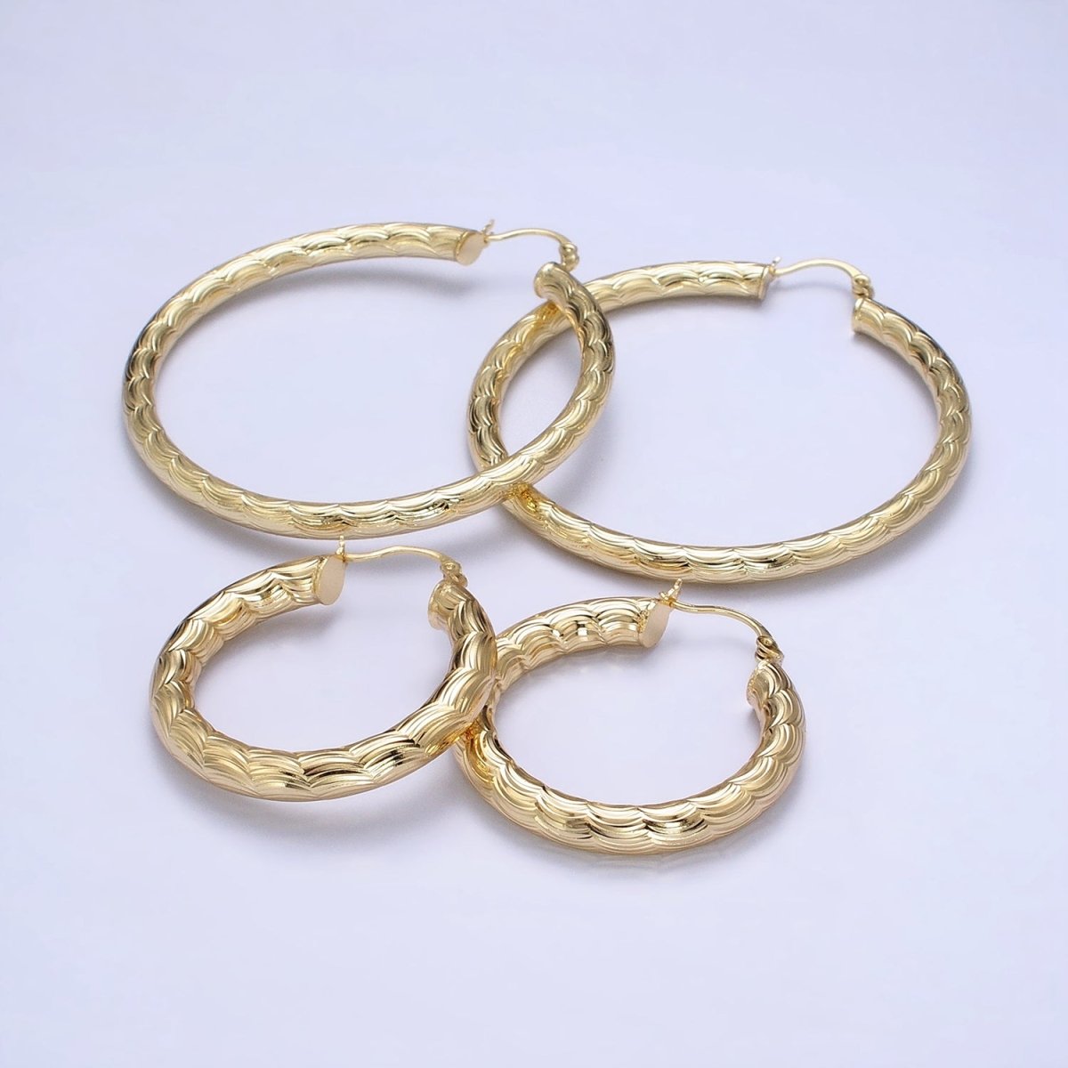 14K Gold plated 35mm, 45mm, 55mm Cloudy Curved-Line Textured French Lock Latch Hoop Earrings | AE014 - AE016