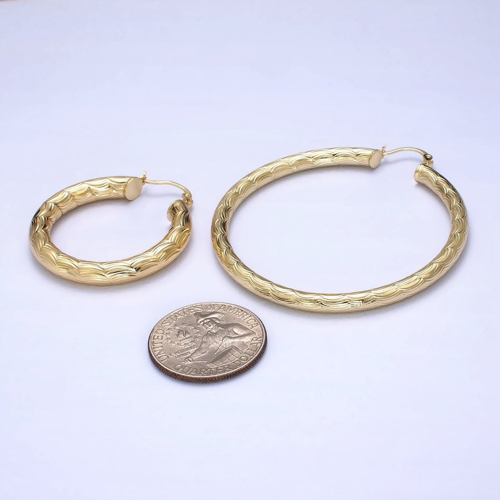 14K Gold plated 35mm, 45mm, 55mm Cloudy Curved-Line Textured French Lock Latch Hoop Earrings | AE014 - AE016