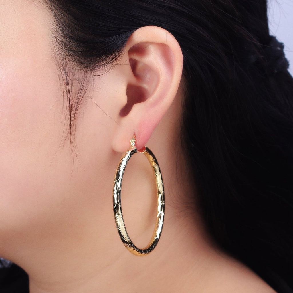 14K Gold plated 35mm, 45mm, 55mm Cloudy Curved-Line Textured French Lock Latch Hoop Earrings | AE014 - AE016