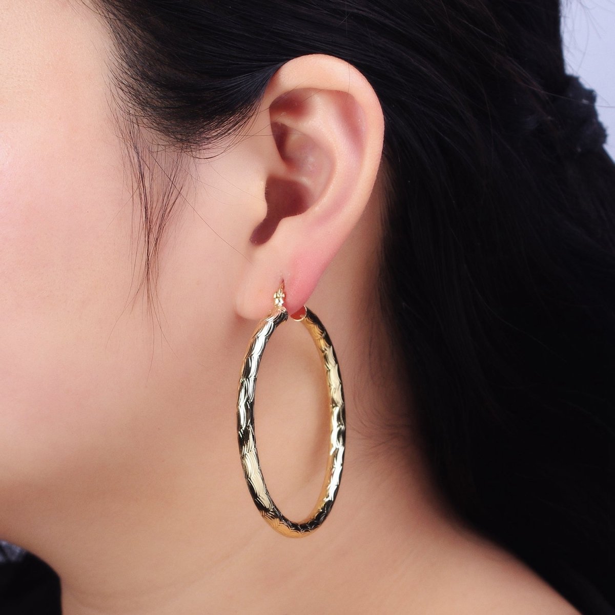 14K Gold plated 35mm, 45mm, 55mm Cloudy Curved-Line Textured French Lock Latch Hoop Earrings | AE014 - AE016