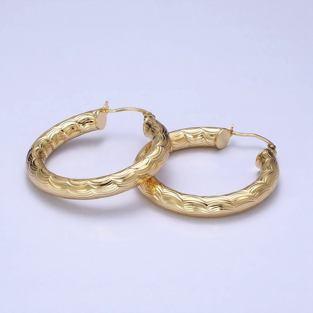 14K Gold plated 35mm, 45mm, 55mm Cloudy Curved-Line Textured French Lock Latch Hoop Earrings | AE014 - AE016