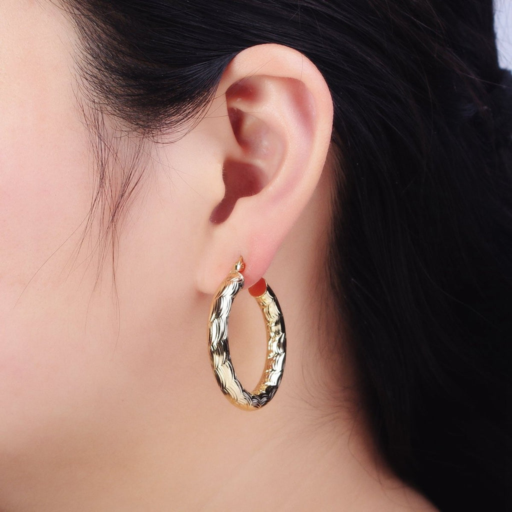14K Gold plated 35mm, 45mm, 55mm Cloudy Curved-Line Textured French Lock Latch Hoop Earrings | AE014 - AE016
