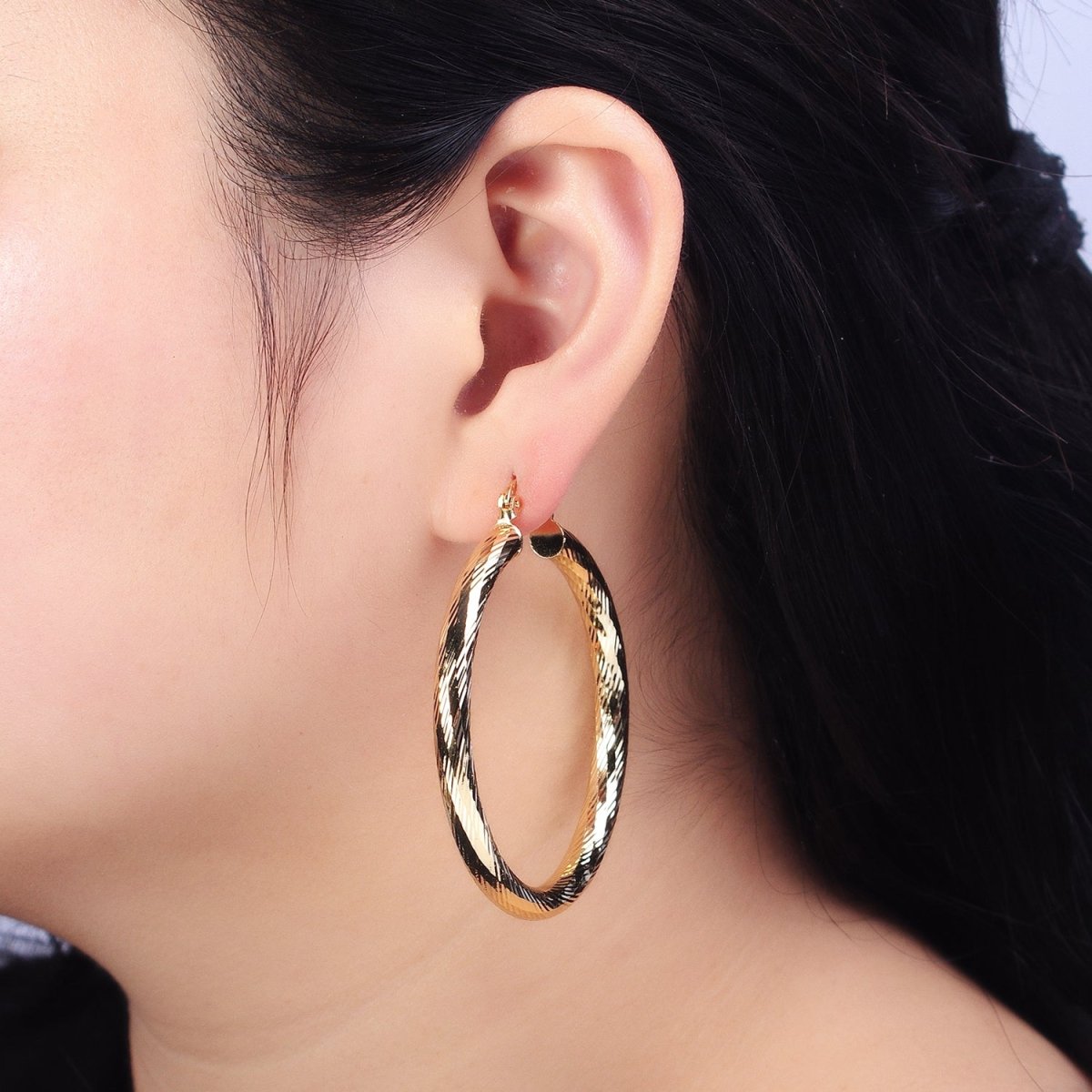 14K Gold plated 35mm, 45mm, 55mm Line-Textured Twisted French Lock Latch Hoop Earrings | AE009 - AE011