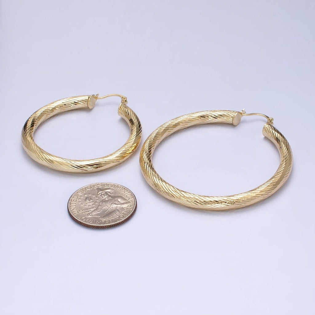 14K Gold plated 35mm, 45mm, 55mm Line-Textured Twisted French Lock Latch Hoop Earrings | AE009 - AE011