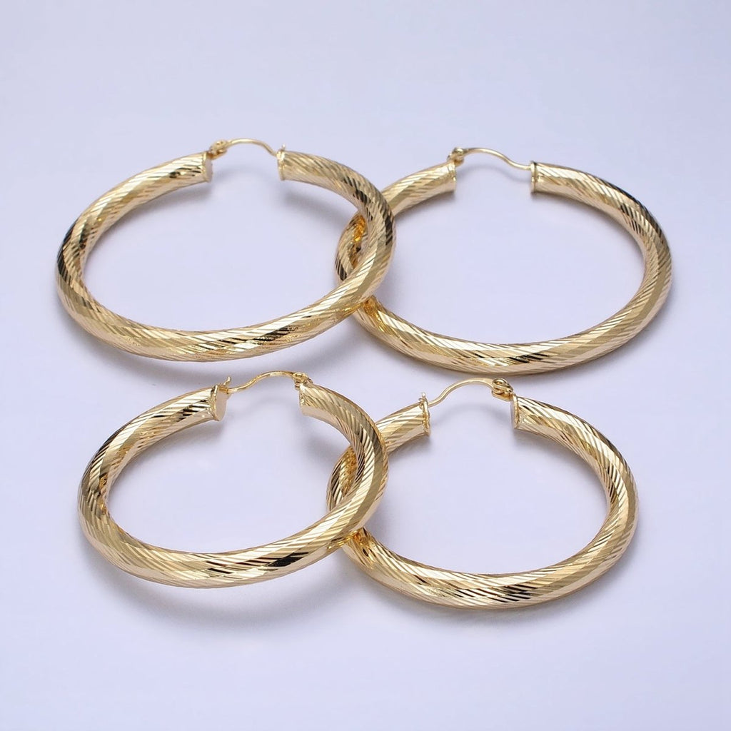 14K Gold plated 35mm, 45mm, 55mm Line-Textured Twisted French Lock Latch Hoop Earrings | AE009 - AE011
